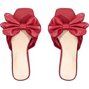 Women's Bow Red Square Open Toe Breathable Slip On Slide Sandals Flat Shoes